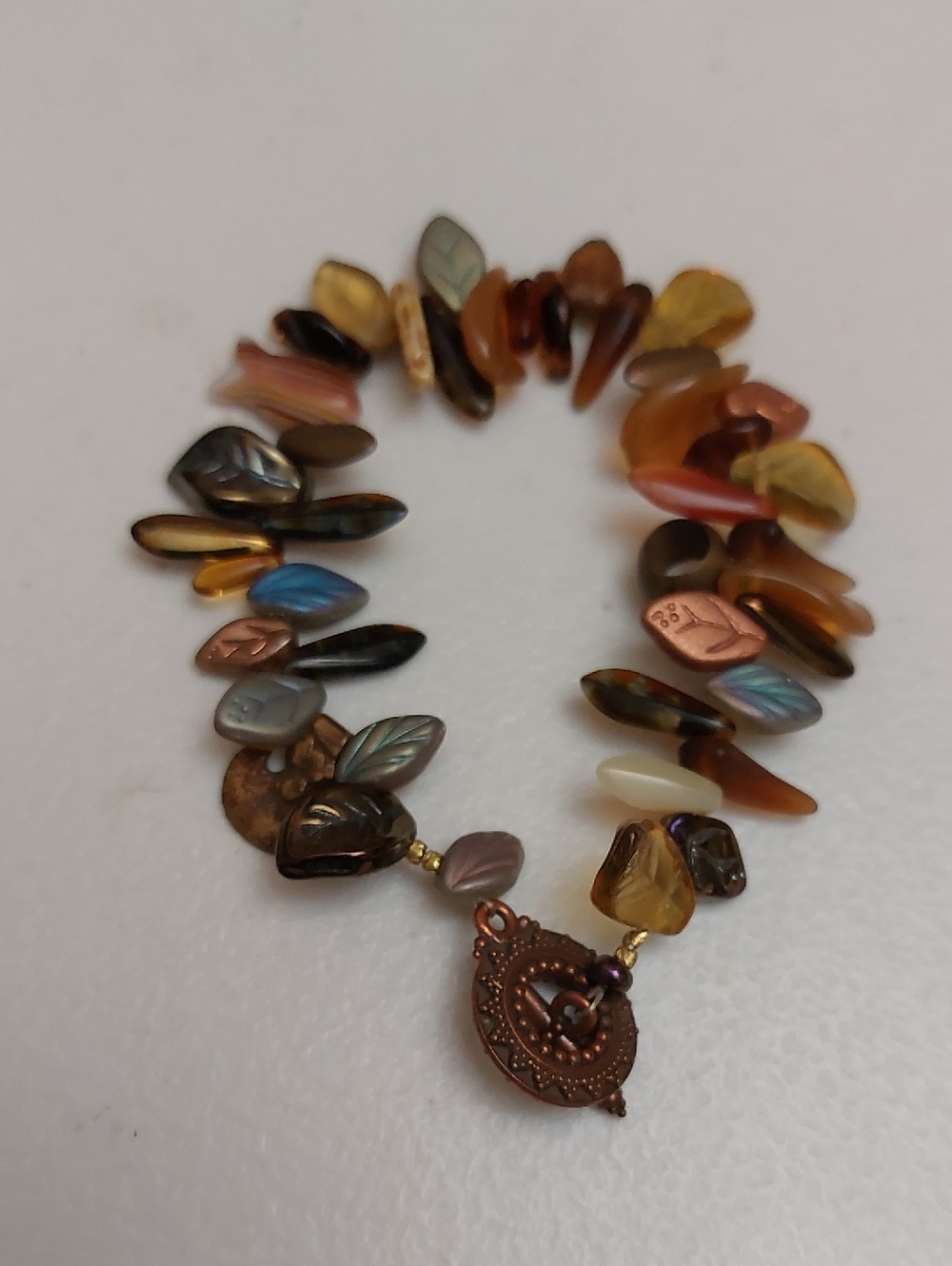Earthtone Colors Leaf Pressed Glass Beads Toggle Bracelet Copper Tone Clasp - Picture 2 of 5